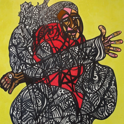 "Entangled" $200 2025 30"x20" Acrylic and Marker on Illustration Bolard